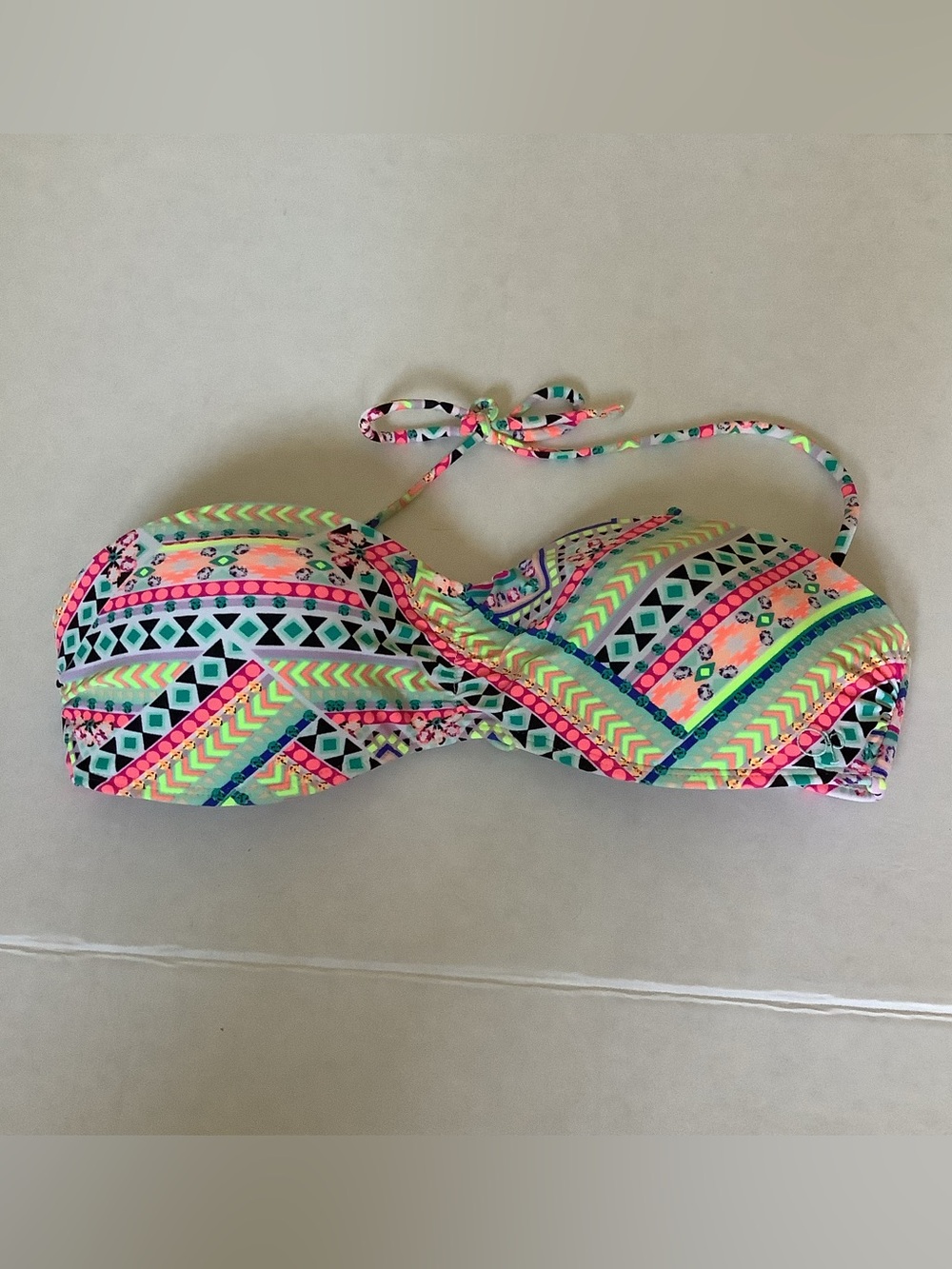 OP Ocean Pacific Neon Geometric Tribal Push Up Bandeau Bikini Top Large EUC